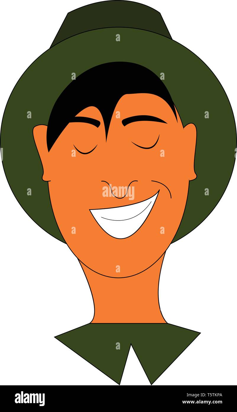 Un uomo in un colore verde hat e camicia è ridere mentre i suoi occhi vettoriale chiuso il colore di disegno o illustrazione Illustrazione Vettoriale