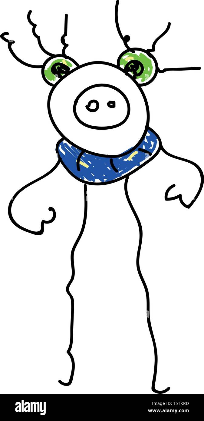 Arte di linea di un mostro con il rigonfiamento di colore verde occhi e un colorato di blu sciarpa intorno al collo di un vettore di disegno a colori o illustrazione Illustrazione Vettoriale