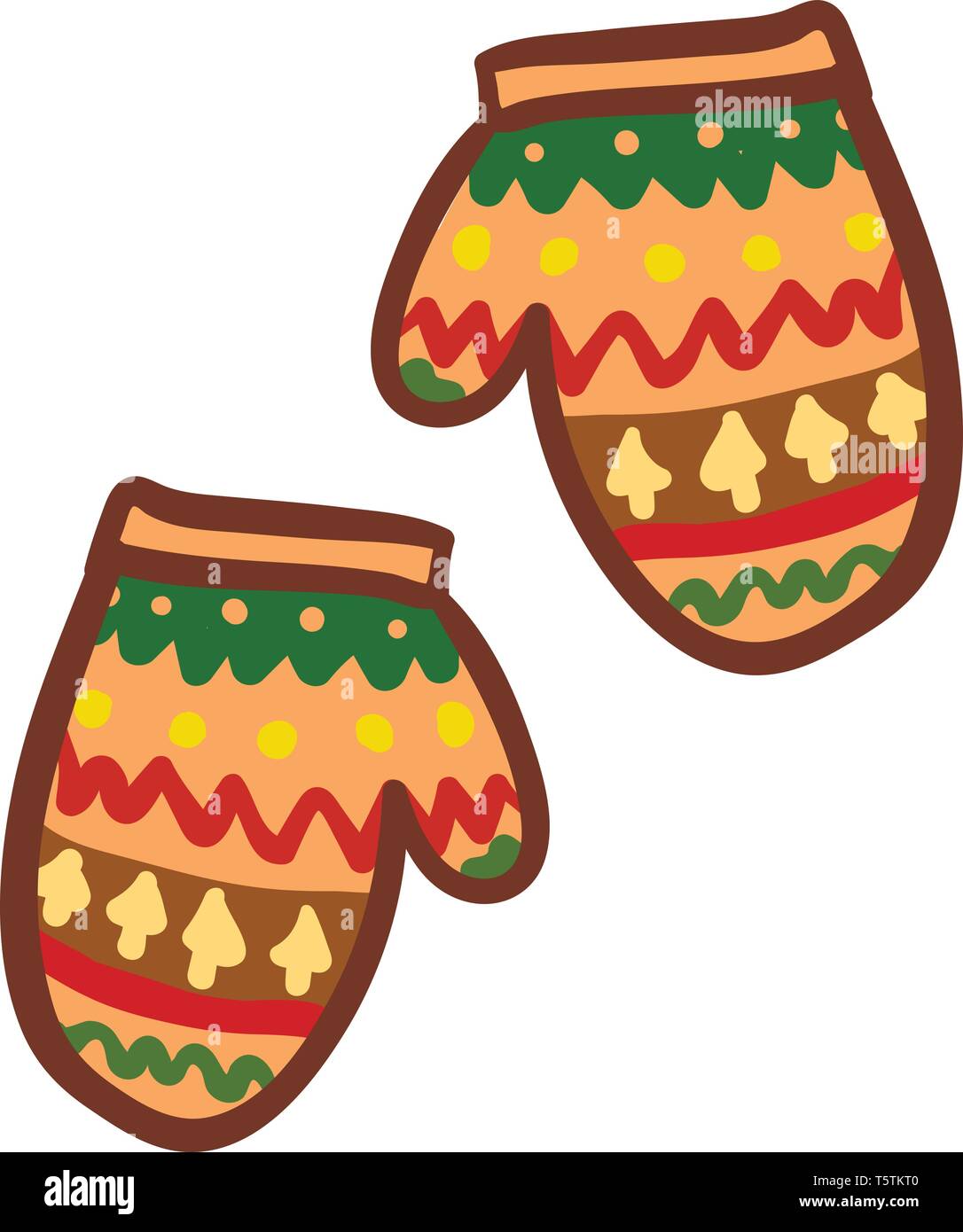 Coppia di multi-colore guanti di cartone animato per bambini stampato con disegni multipli come albero di Natale e altro vettore il colore di disegno o illustrazione Illustrazione Vettoriale