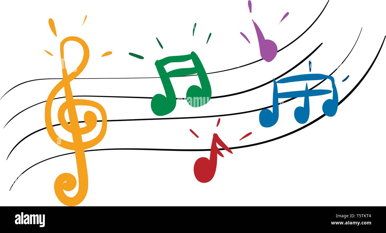 Cartoon multi-colore di note musicali in rosso giallo verde blu e viola e vettore di colori il colore di disegno o illustrazione Illustrazione Vettoriale