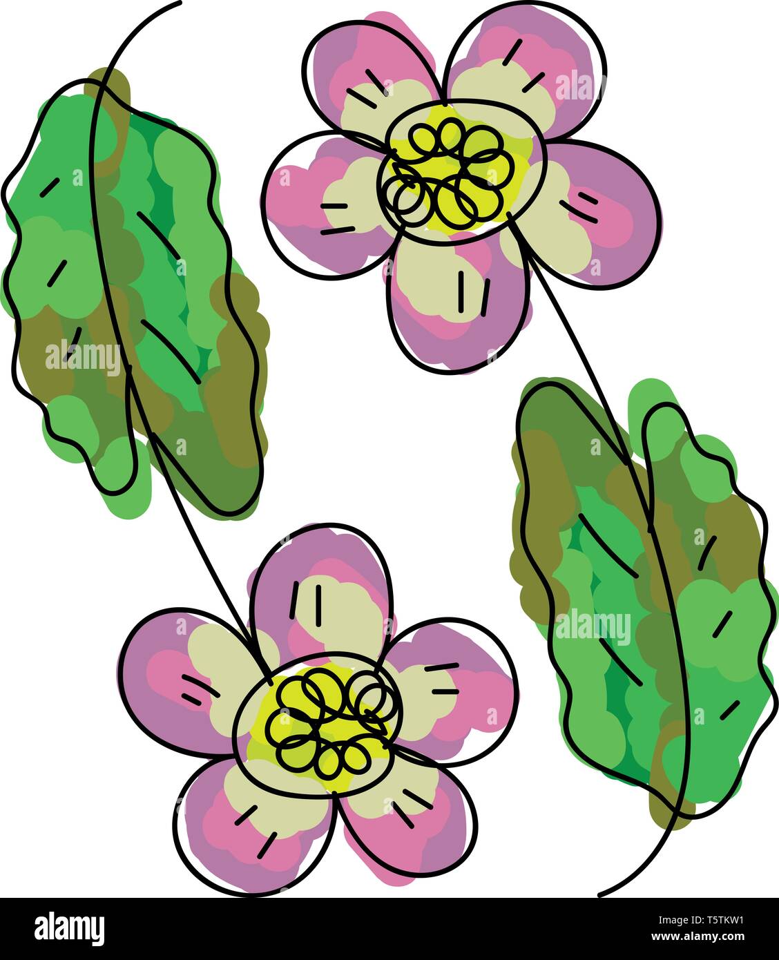 Due multi-cartoon colorati fiori oleoso con foglie verdi si trovano vicino ad ogni altro vettore il colore di disegno o illustrazione Illustrazione Vettoriale