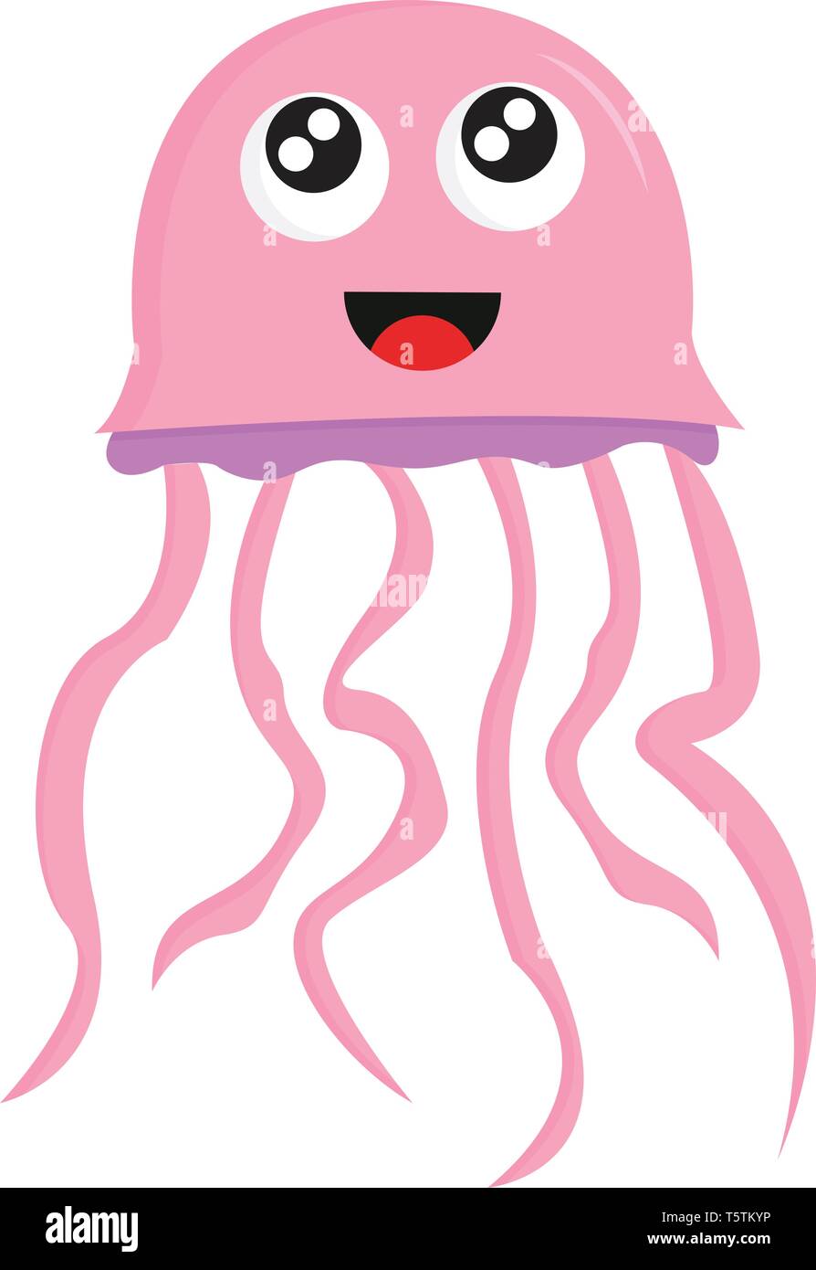 Un ridere di colore rosa cartoon medusa con occhi sporgenti a ombrello campane e finali e i tentacoli di vettore di disegno a colori o illustrazione Illustrazione Vettoriale