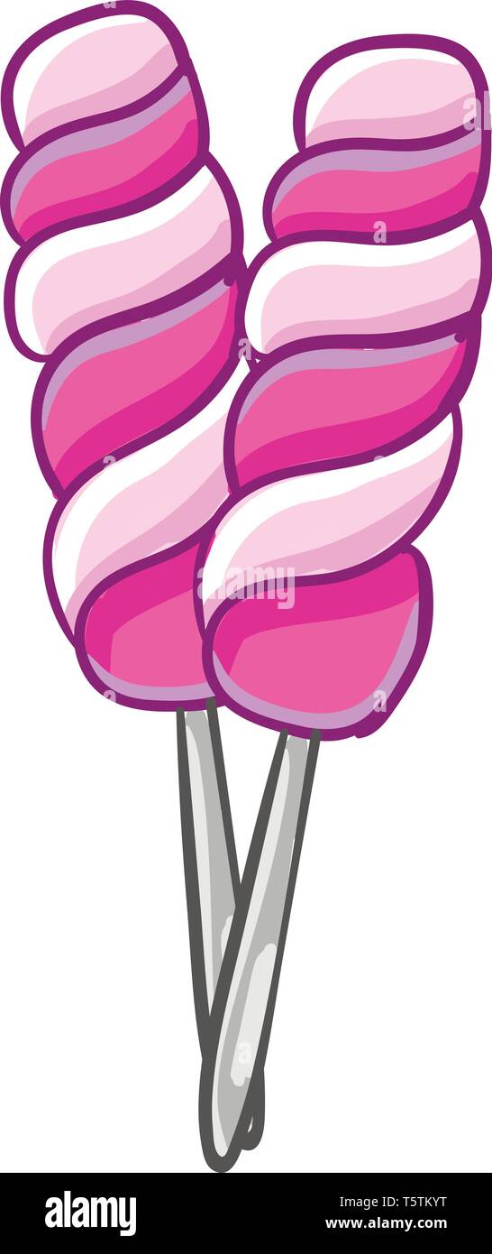 Due a forma di spirale di colore rosa lecca-lecca attaccato a due singoli bastoncini amato da tutti i bambini del vettore di disegno a colori o illustrazione Illustrazione Vettoriale