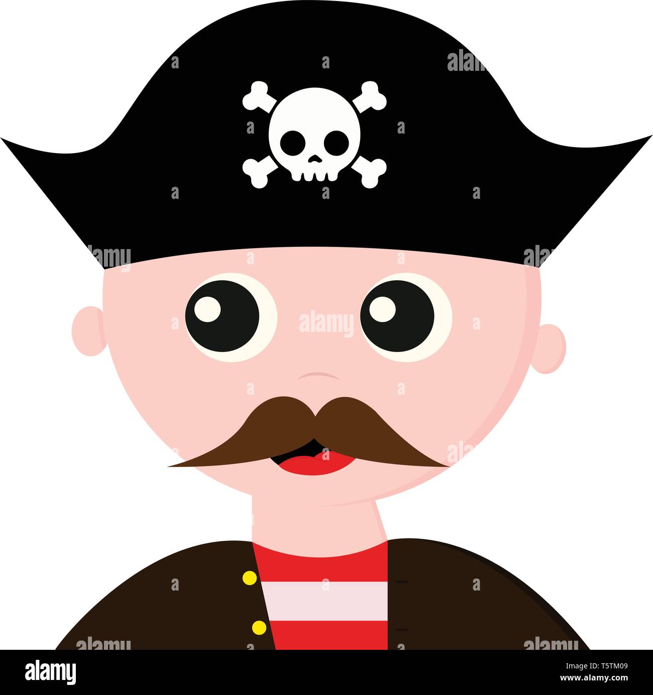 Un bel cercando pirate vestito con un cappotto marrone con pulsanti di colore giallo sulla sua maglietta rossa bianco con strisce longitudinali presenta un lungo i baffi e indossa Illustrazione Vettoriale