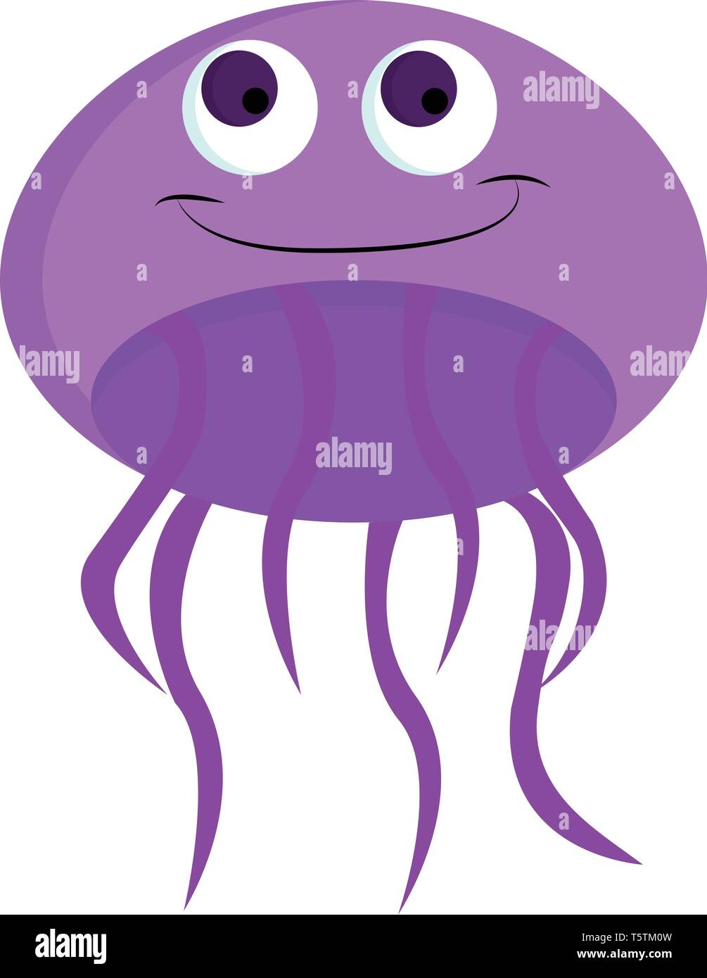 Un sorridente color porpora cartoon medusa con a ombrello campane occhi sporgenti e finali e i tentacoli di vettore di disegno a colori o illustrazione Illustrazione Vettoriale
