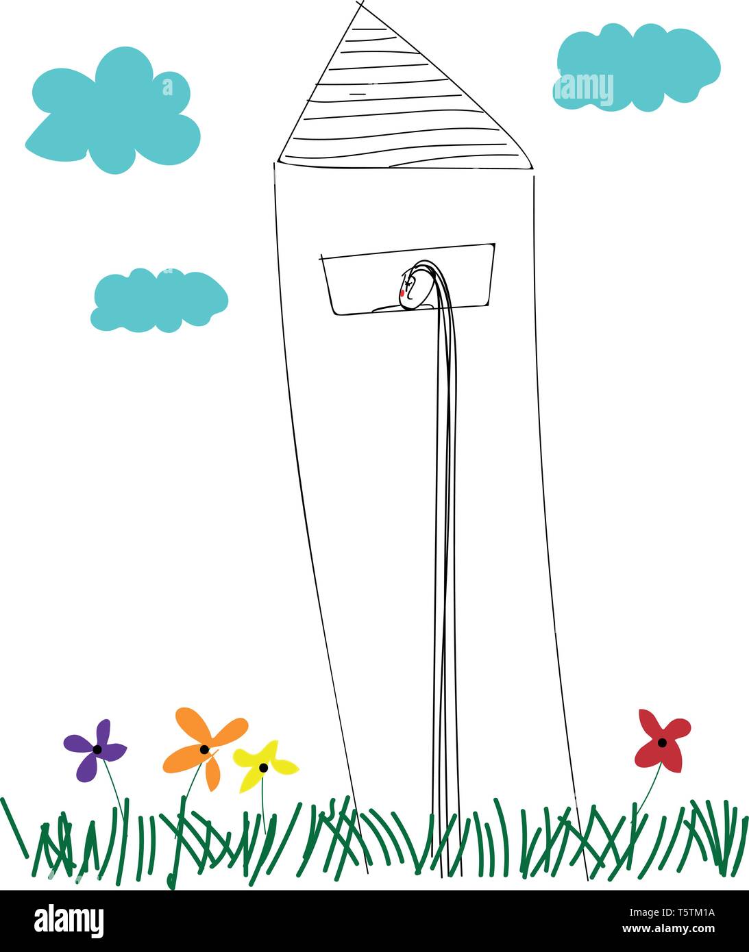 Arte di linea di un faro eretto sopra la praterie con multi-fiori colorati in un giorno nuvoloso vettore di disegno a colori o illustrazione Illustrazione Vettoriale