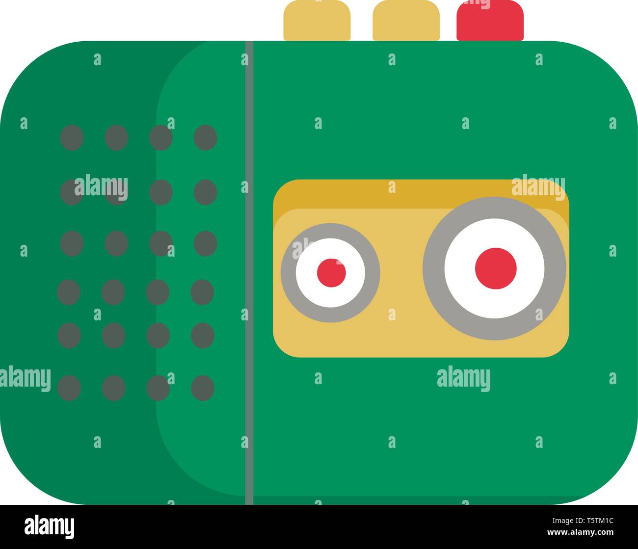 Un grazioso piccolo colorato registratore radio con una cassetta è di colore verde attaccato con due colorato in giallo i pulsanti e uno colorato di rosso pulsante per riprodurre th Illustrazione Vettoriale