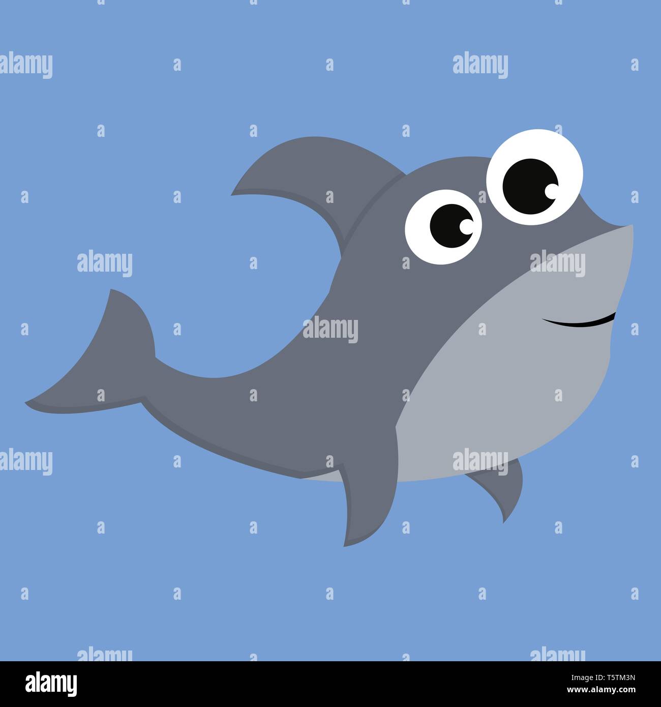Di colore grigio squalo cartoon su sfondo blu con occhi sporgenti con alette ricurve all'indietro è il vettore sorridente il colore di disegno o illustrazione Illustrazione Vettoriale