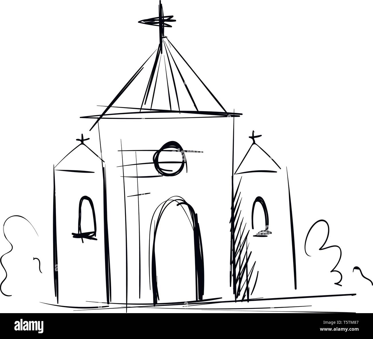 Semplice in bianco e nero schizzo di una chiesa illustrazione vettoriale su sfondo bianco Illustrazione Vettoriale