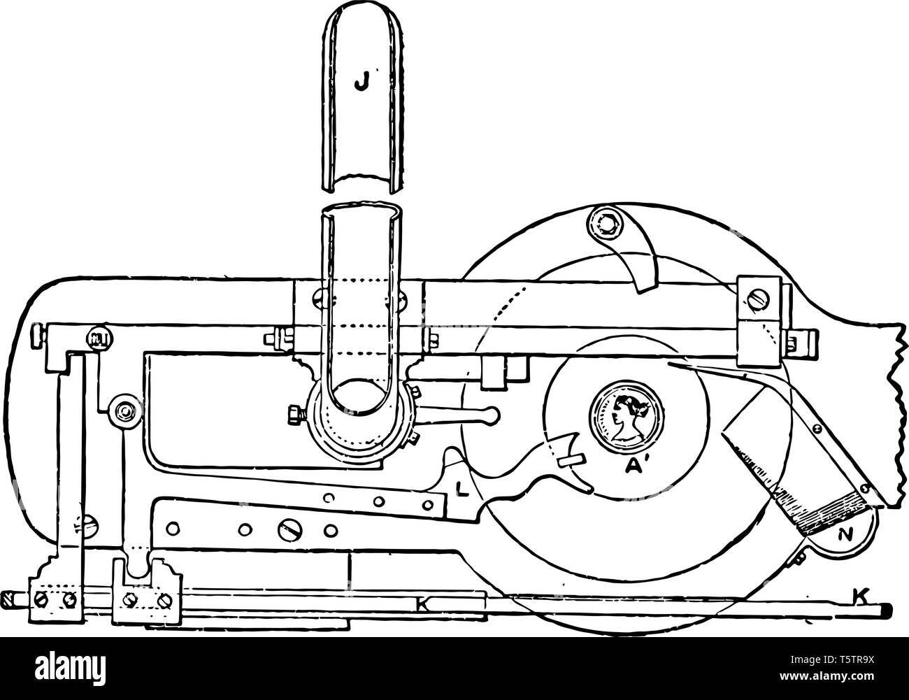 Questa immagine rappresenta il meccanismo di coniazione premere dal Royal Mint vintage disegno della linea di incisione o illustrazione. Illustrazione Vettoriale