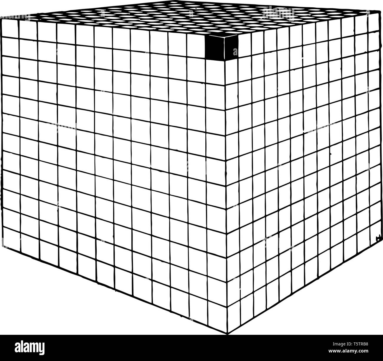Questa è arte del cubo sono. Ci sono 1728 rende cubetti 12*12*12 cubo. Angolo superiore del cubo è mostrato dark vintage disegno della linea di incisione o illustrazione Illustrazione Vettoriale