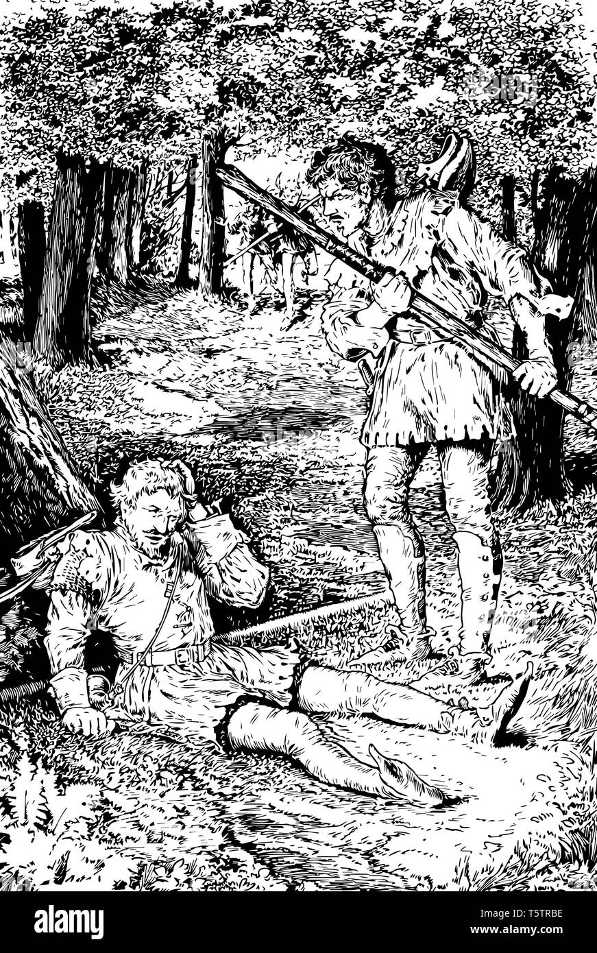 Arthur ad una blanda e Robin Hood questa scena mostra due uomini in lotta con il personale nella foresta un uomo è caduto sotto agli alberi e un altro uomo in piedi di fronte Illustrazione Vettoriale