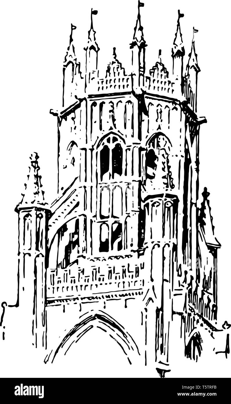 Torre Lanterna a San Botolph's; Boston, Lincolnshire, architettura, cattedrale, il cristianesimo, chiesa, Inghilterra, gotico, lampada luce, vintage drawi linea Illustrazione Vettoriale