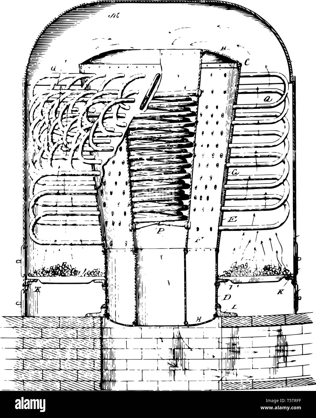 Questa immagine rappresenta la caldaia a vapore il motore che viene utilizzato per scopi di marino vintage disegno della linea di incisione o illustrazione. Illustrazione Vettoriale