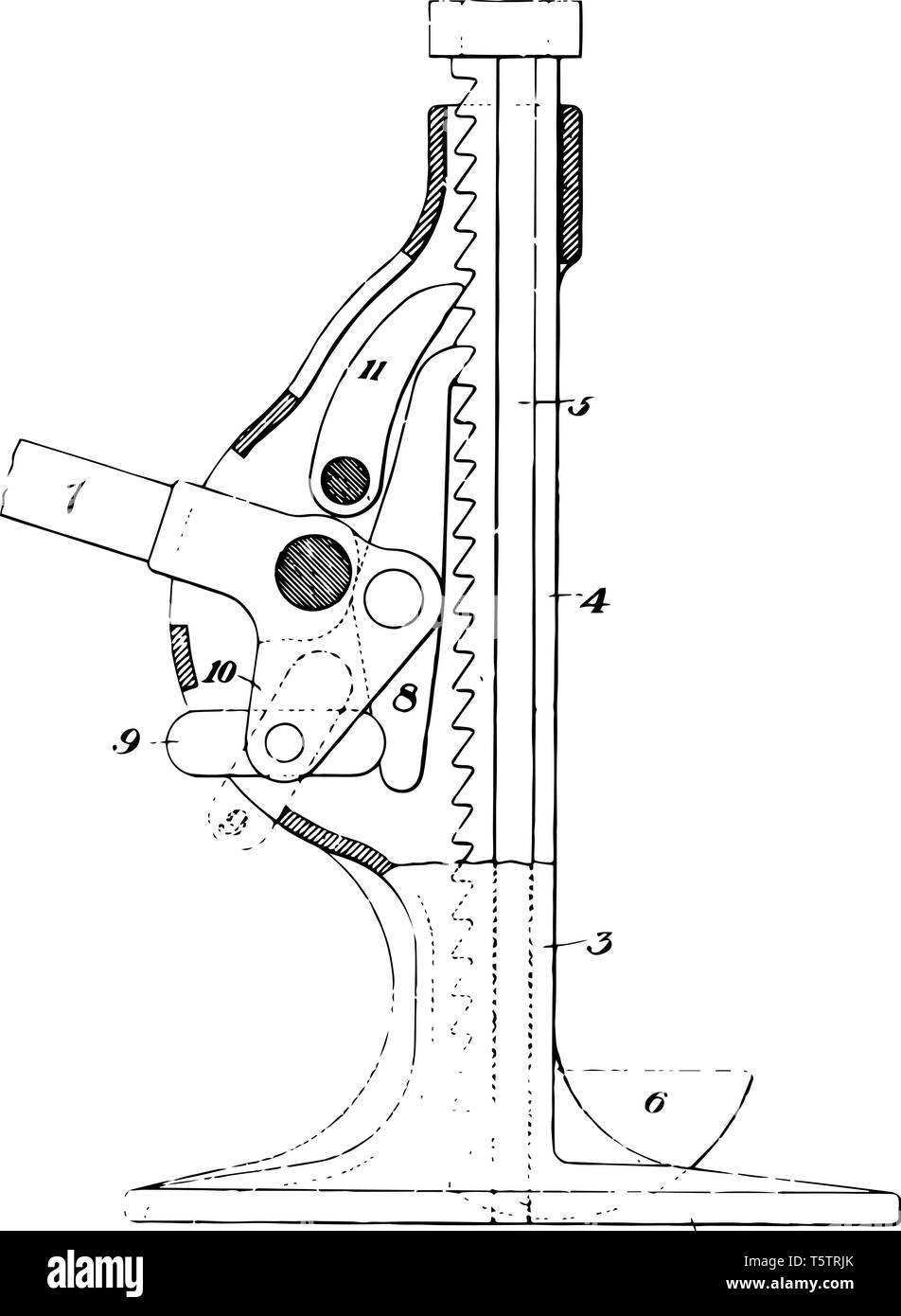 Questa immagine rappresenta il dispositivo a cricchetto che utilizzate per il sollevamento di oggetti vintage disegno della linea di incisione o illustrazione. Illustrazione Vettoriale