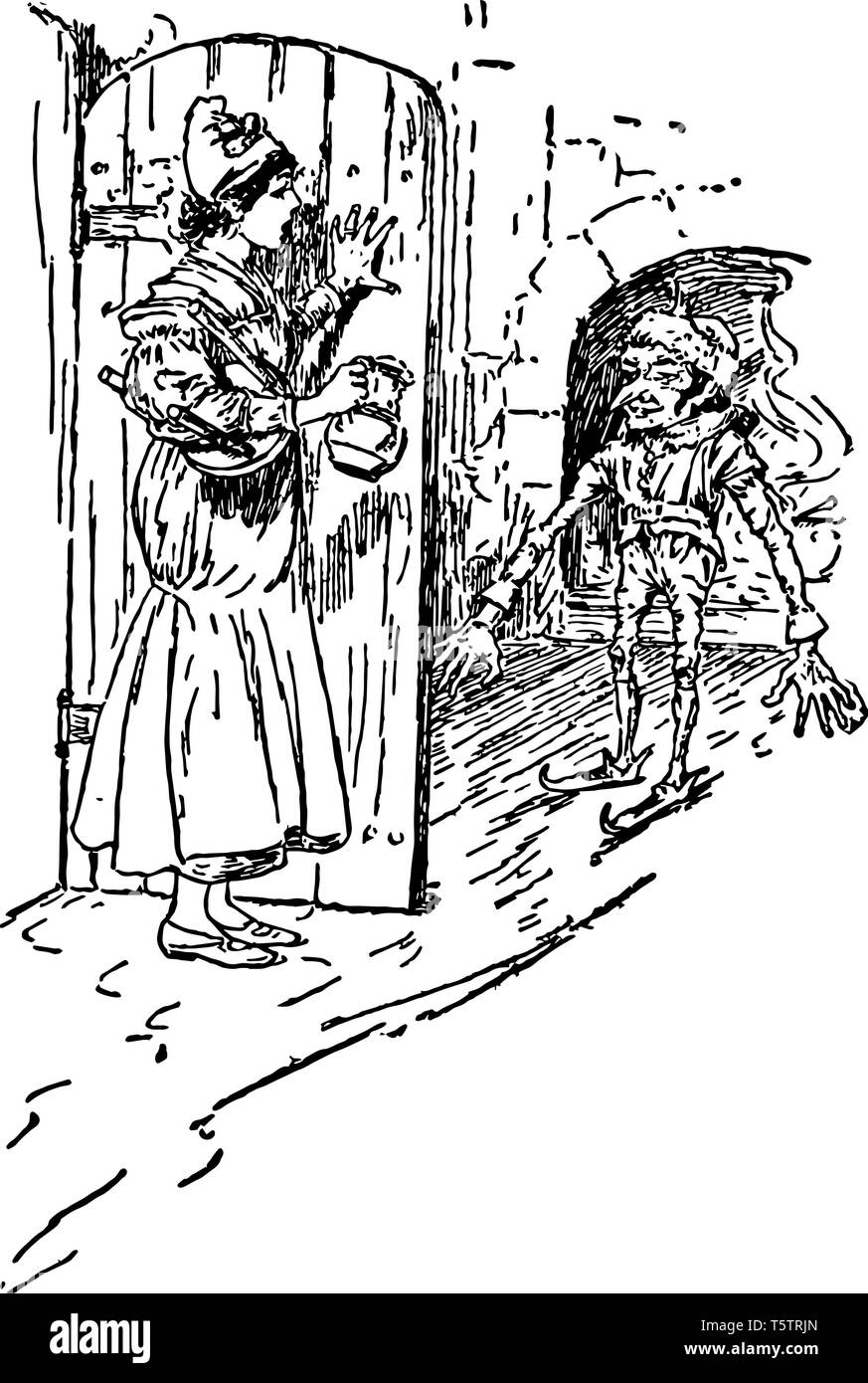 Una ragazza che porta caraffa e tabella in corrispondenza della porta e guardando un elfo camino in background vintage disegno della linea di incisione o illustrazione Immagine e Vettoriale - Alamy
