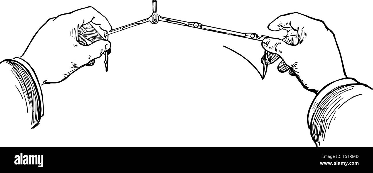 Uso della barra di allungamento viene utilizzato per disegnare cerchi e regolare finemente l'angolo della gamba è disegnare linee parallele e verticali linea vintage disegno o engr Illustrazione Vettoriale