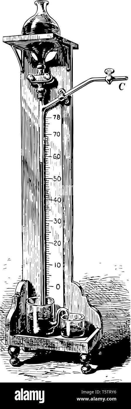 Il mercurio pompa è una pompa a vuoto che utilizza gocce di mercurio cadere attraverso un piccolo foro al tubo capillare per intrappolare l'aria dal sistema da evacuare Illustrazione Vettoriale