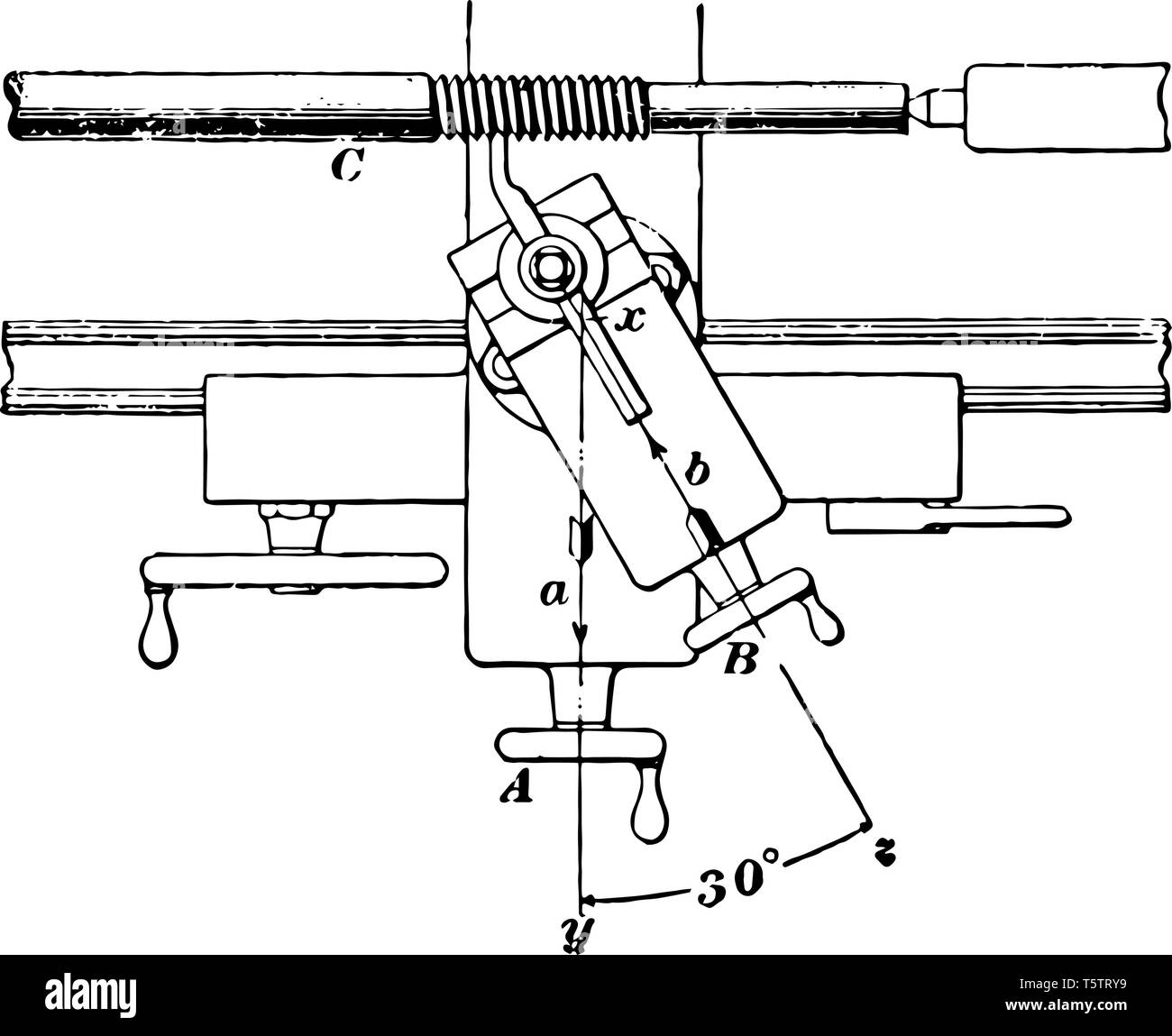 Questa immagine rappresenta la vite del dispositivo di taglio usando il tornio per creare filettature sull'asta metallica, vintage disegno della linea di incisione o illustrazione. Illustrazione Vettoriale