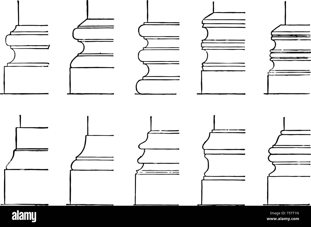 Basi di colonna o supporto di metallo in legno post vintage disegno della linea di incisione o illustrazione. Illustrazione Vettoriale