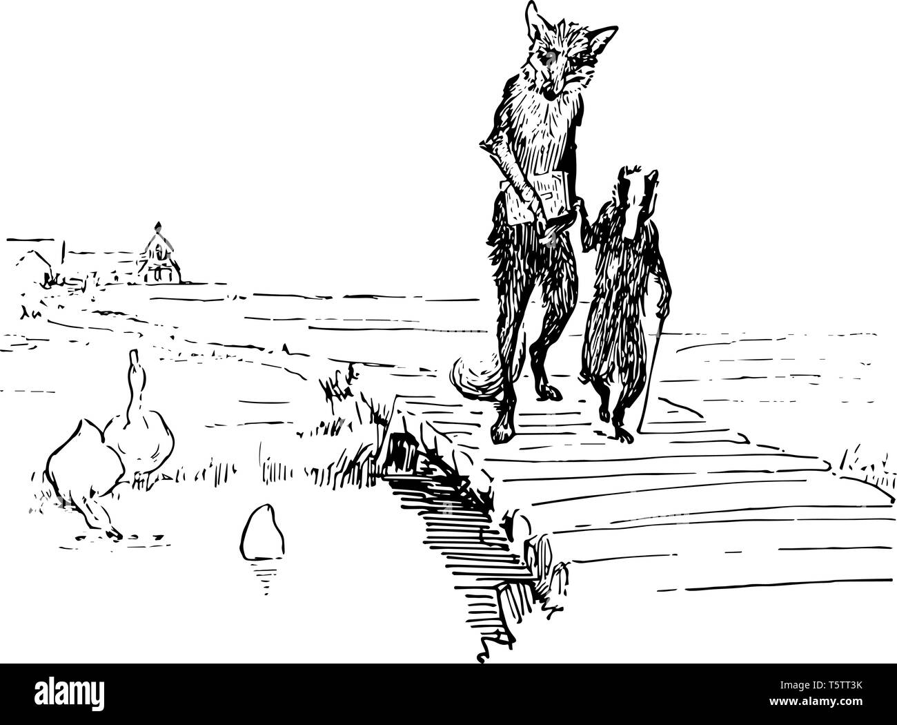 Reynard the Fox: Camminando con Grimbard questa scena mostra la Volpe azienda prenota e il badger camminare insieme sul ponte e gli uccelli in acqua vintage Illustrazione Vettoriale