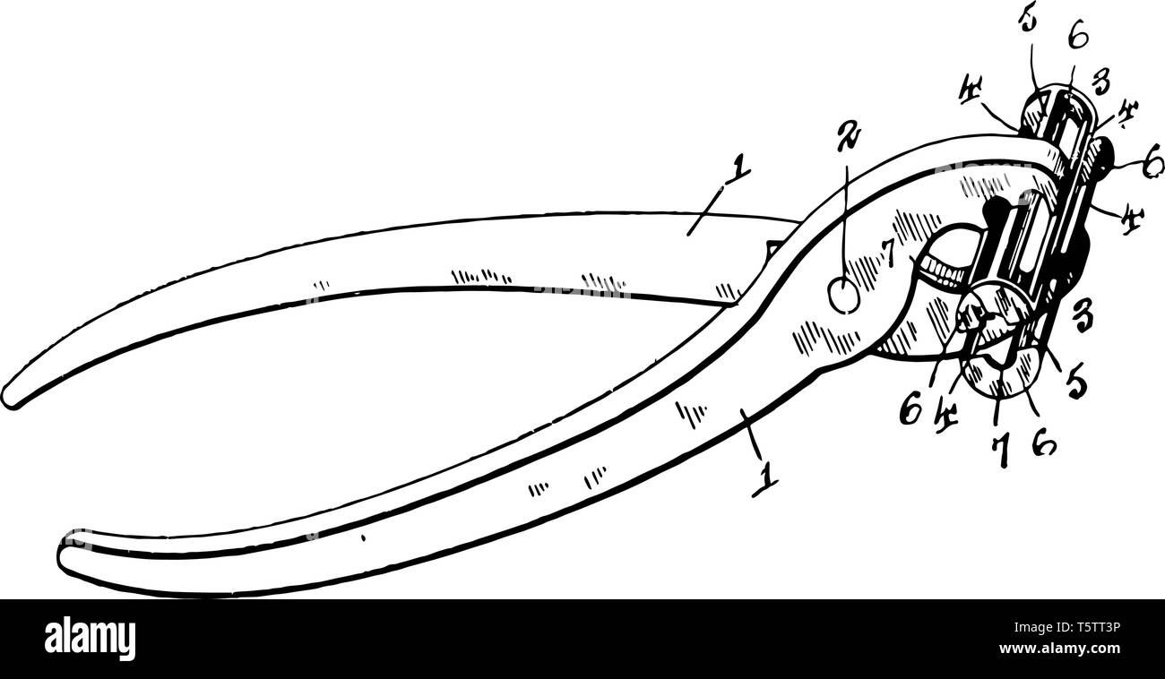 Questa immagine rappresenta il filo Stripper che utilizzato per spelare la guaina dai fili elettrici vintage disegno della linea di incisione o illustrazione. Illustrazione Vettoriale