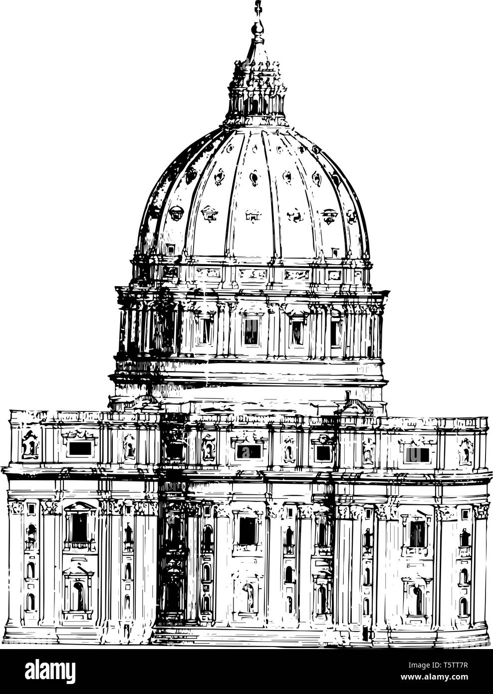 Vista posteriore della Basilica di San Pietro Roma facciata e navata allungata dome linea vintage disegno incisione o illustrazione. Illustrazione Vettoriale