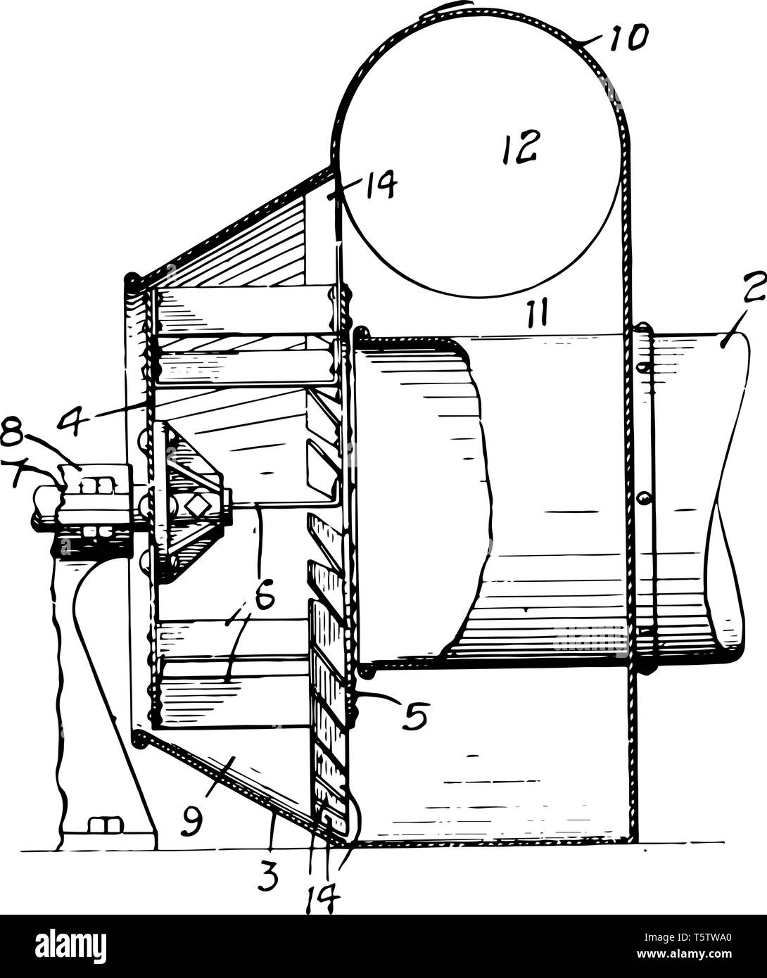 Questa immagine rappresenta il ventilatore centrifugo dove la ventola ruota con diverse lame vintage disegno della linea di incisione o illustrazione. Illustrazione Vettoriale