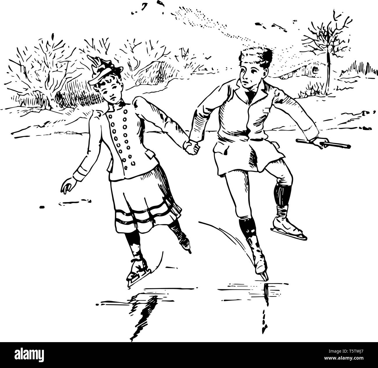 Una giovane coppia è in possesso di mani di ogni altro e fare pattinaggio. La donna è ben vestito e l uomo è in possesso di un bastone nella sua mano linea vintage o di disegno Illustrazione Vettoriale