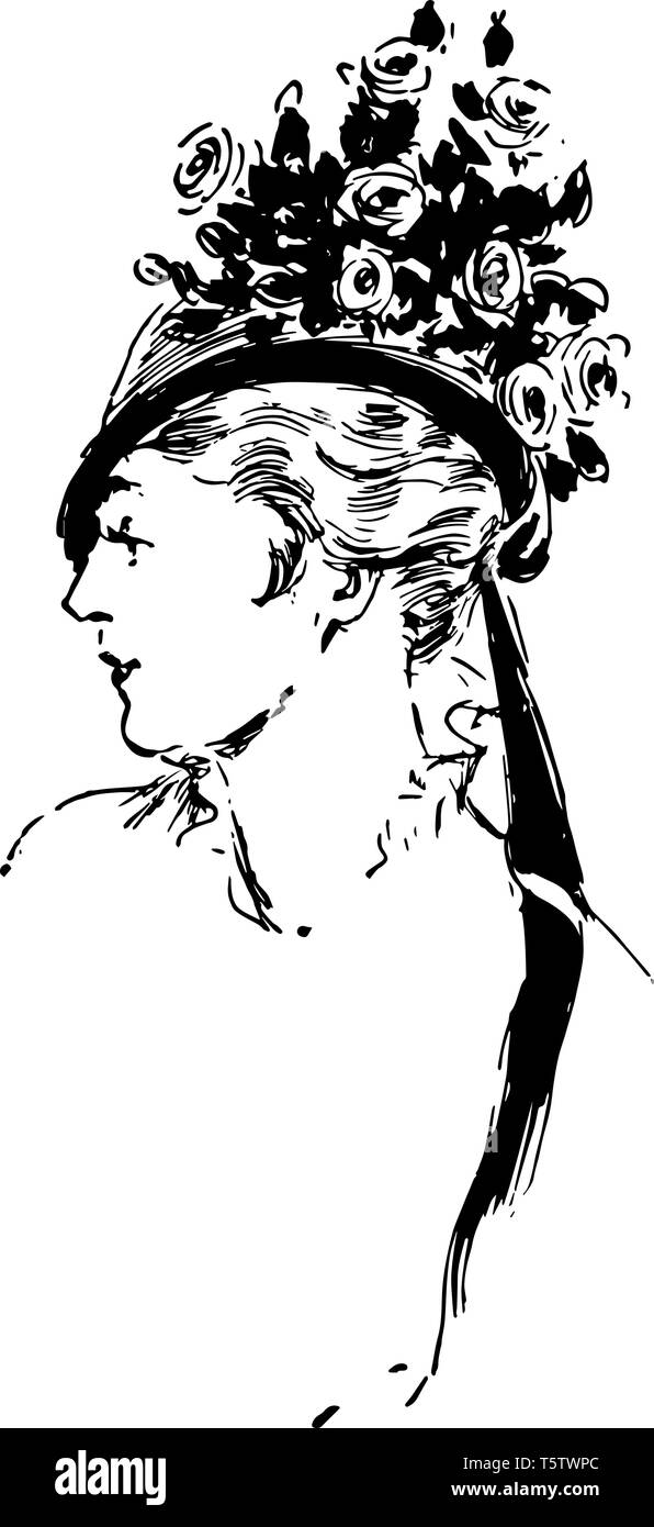 Floral Hat ha un bouquet di fiori vintage disegno della linea di incisione o illustrazione. Illustrazione Vettoriale