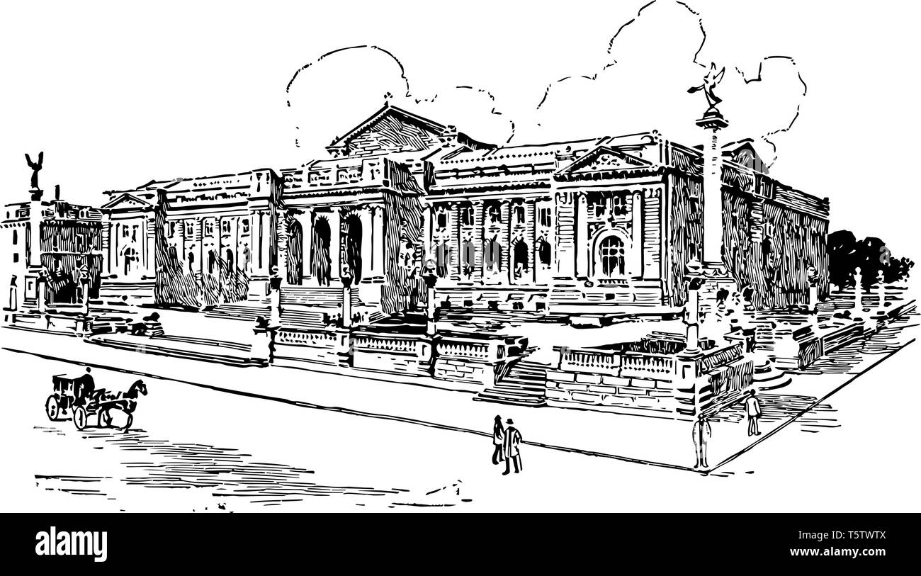 È una biblioteca pubblica edificio che si trova a New York e alcune persone in piedi fuori linea vintage disegno incisione o illustrazione. Illustrazione Vettoriale