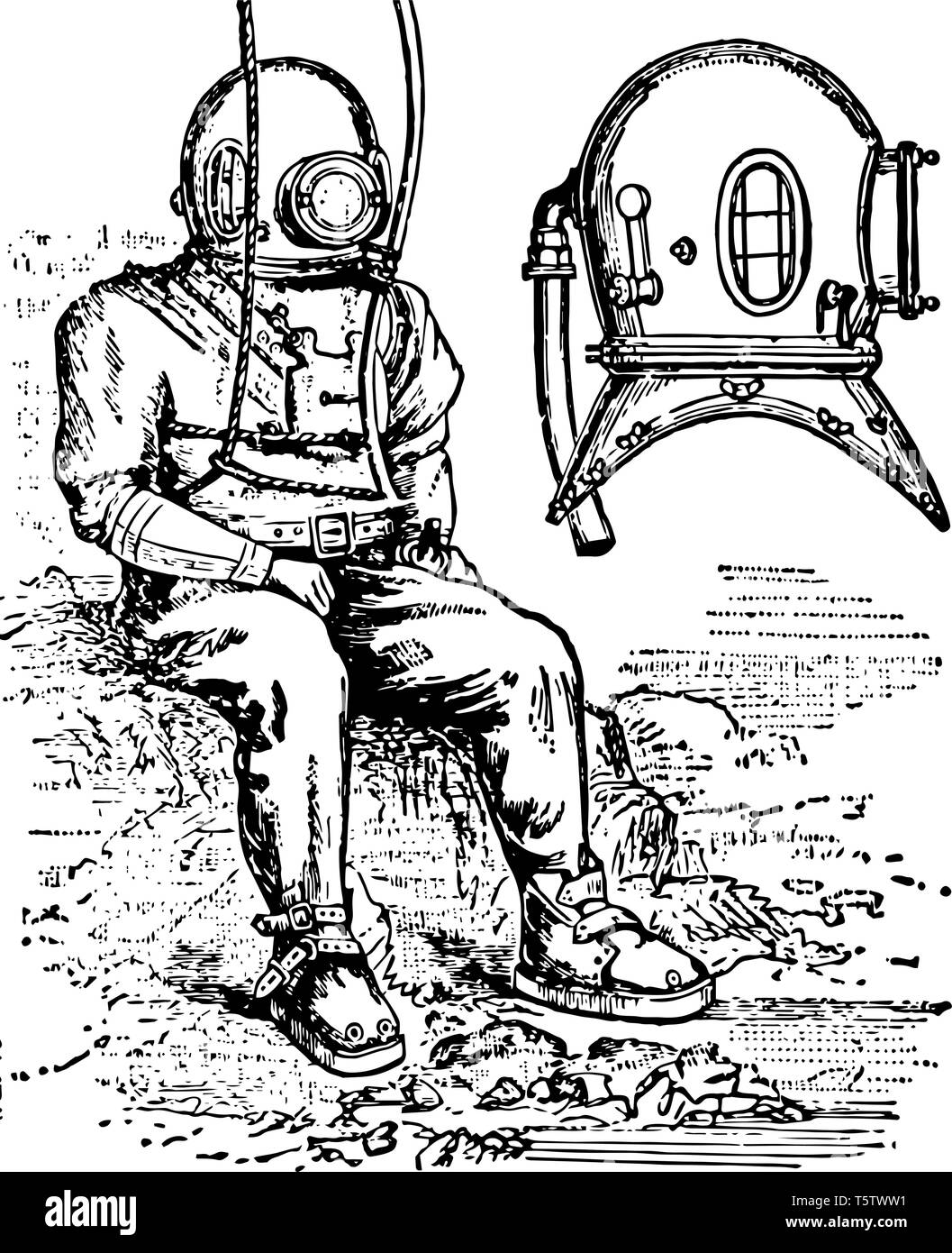 Un subacqueo in immersione standard per vestire e diving al casco vintage disegno della linea di incisione o illustrazione Illustrazione Vettoriale
