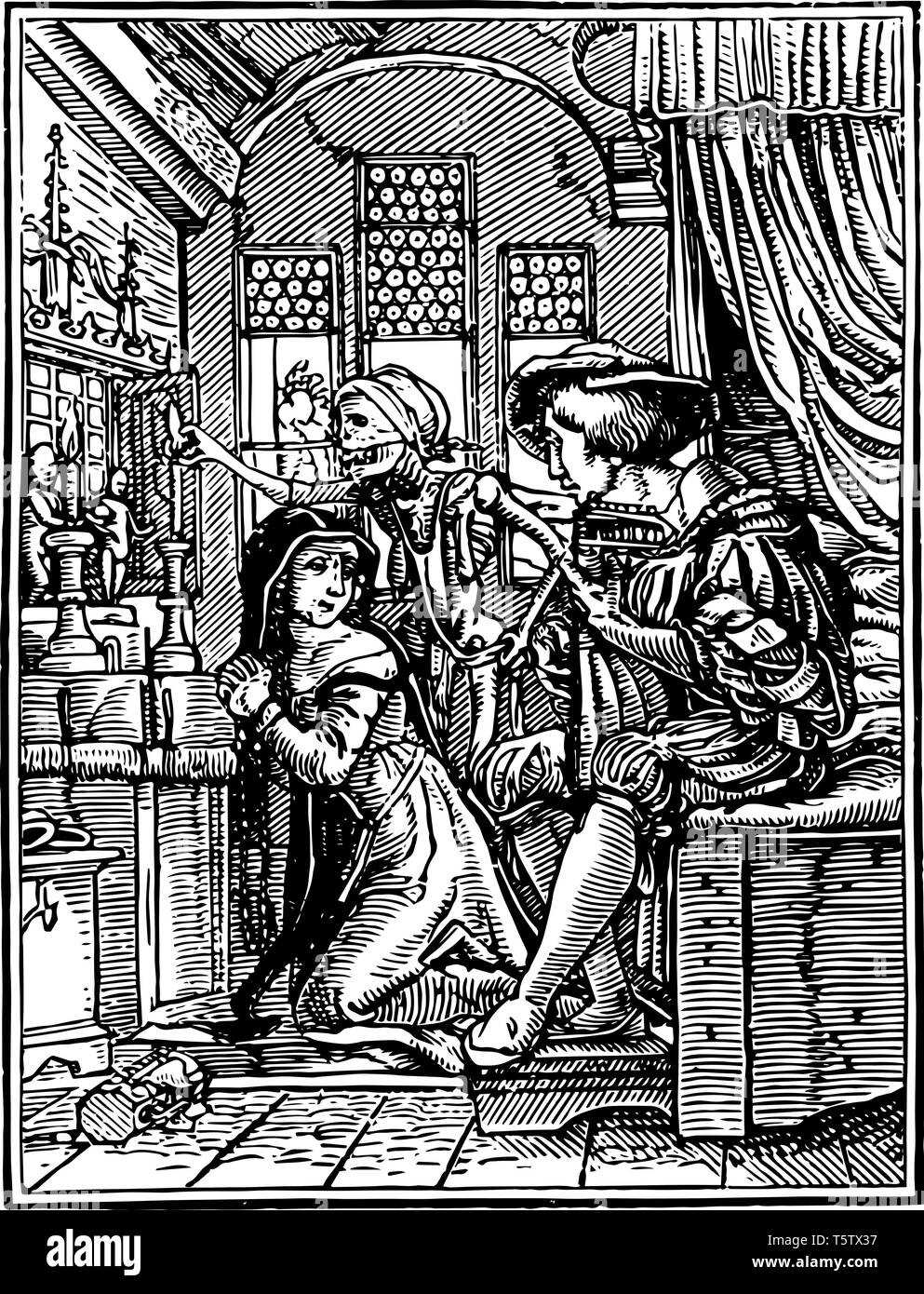 La Suora è parte di una serie chiamata Danza della morte vintage disegno della linea di incisione o illustrazione. Illustrazione Vettoriale