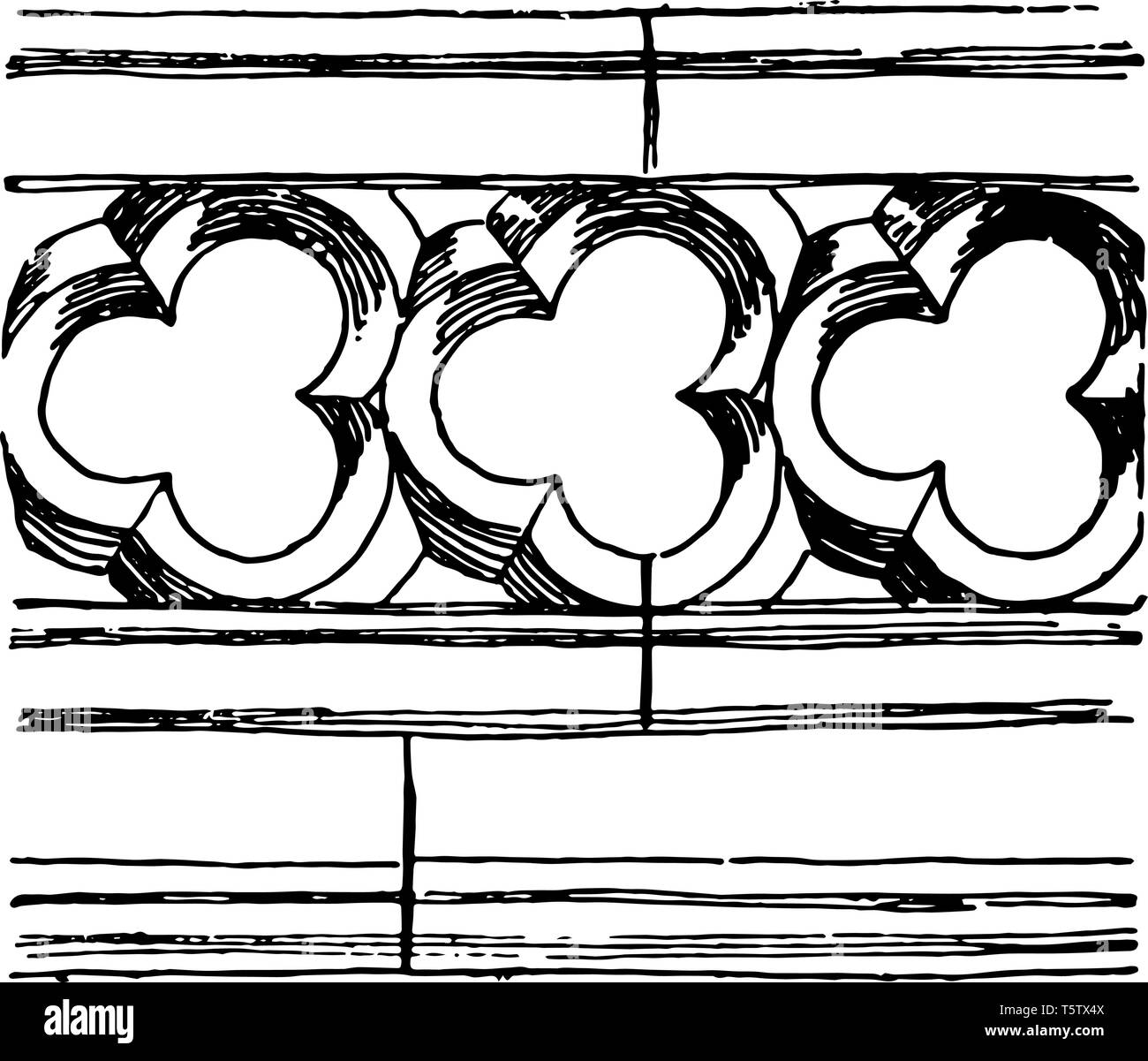 Balaustra etimologico commerciale delle informazioni del settore pubblico e i clienti interni tracery vintage disegno della linea di incisione o illustrazione. Illustrazione Vettoriale