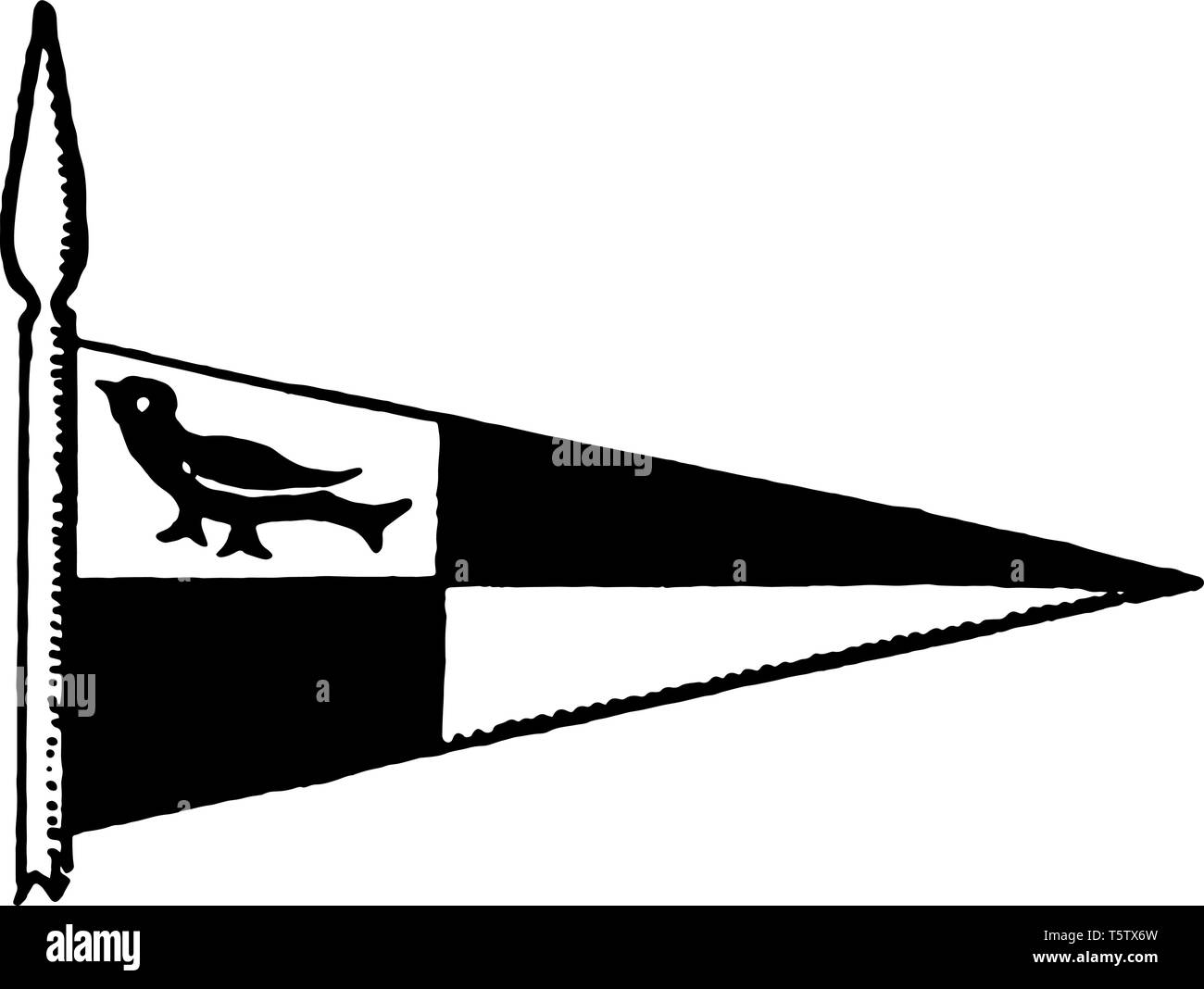 Il Pennoncel è una bandiera della Gran Bretagna questa forma di triangolo bandiera divisa in quattro parti lato sinistro superiore parte ha una figura di uccello vintage disegno della linea o eng Illustrazione Vettoriale