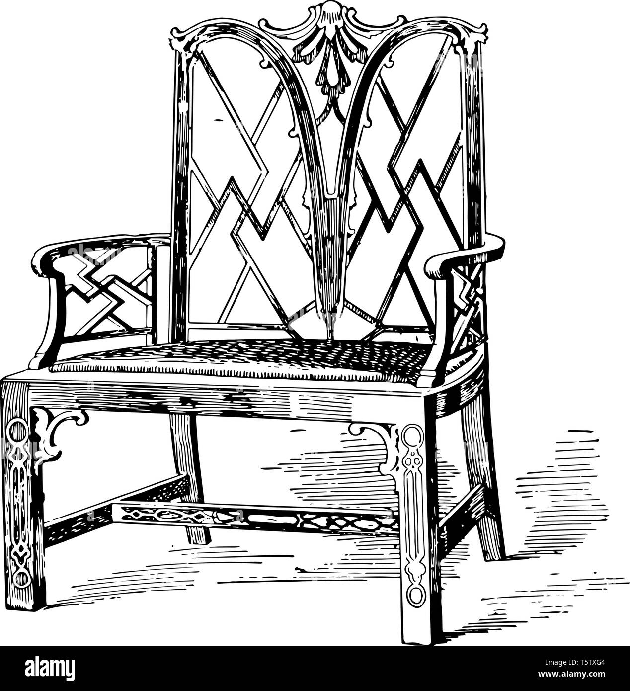 Chippendale Chinese sedia progettata da Thomas Chippendale ha una m sagomato con schienale dritto gambe anteriori vintage disegno della linea o incisione illustrati Illustrazione Vettoriale