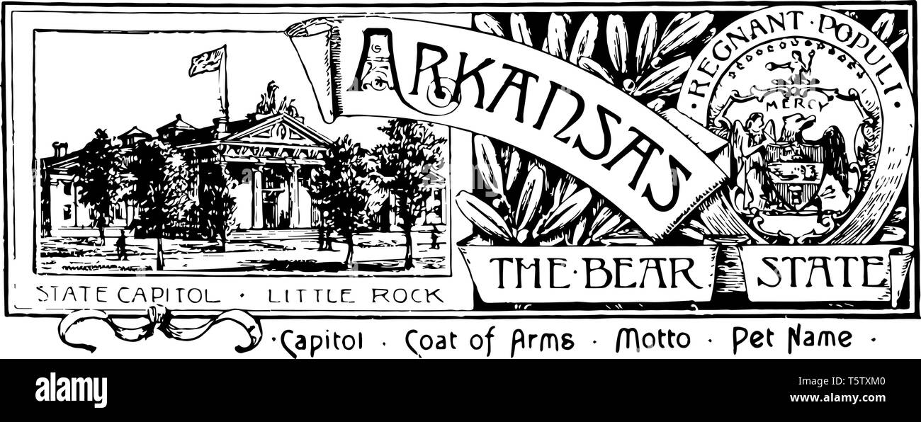 Il banner di stato di Arkansas l'orso membro questo banner è stato house con sventola bandiera e sul lato destro un angelo di misericordia la spada e la Dea vi Illustrazione Vettoriale