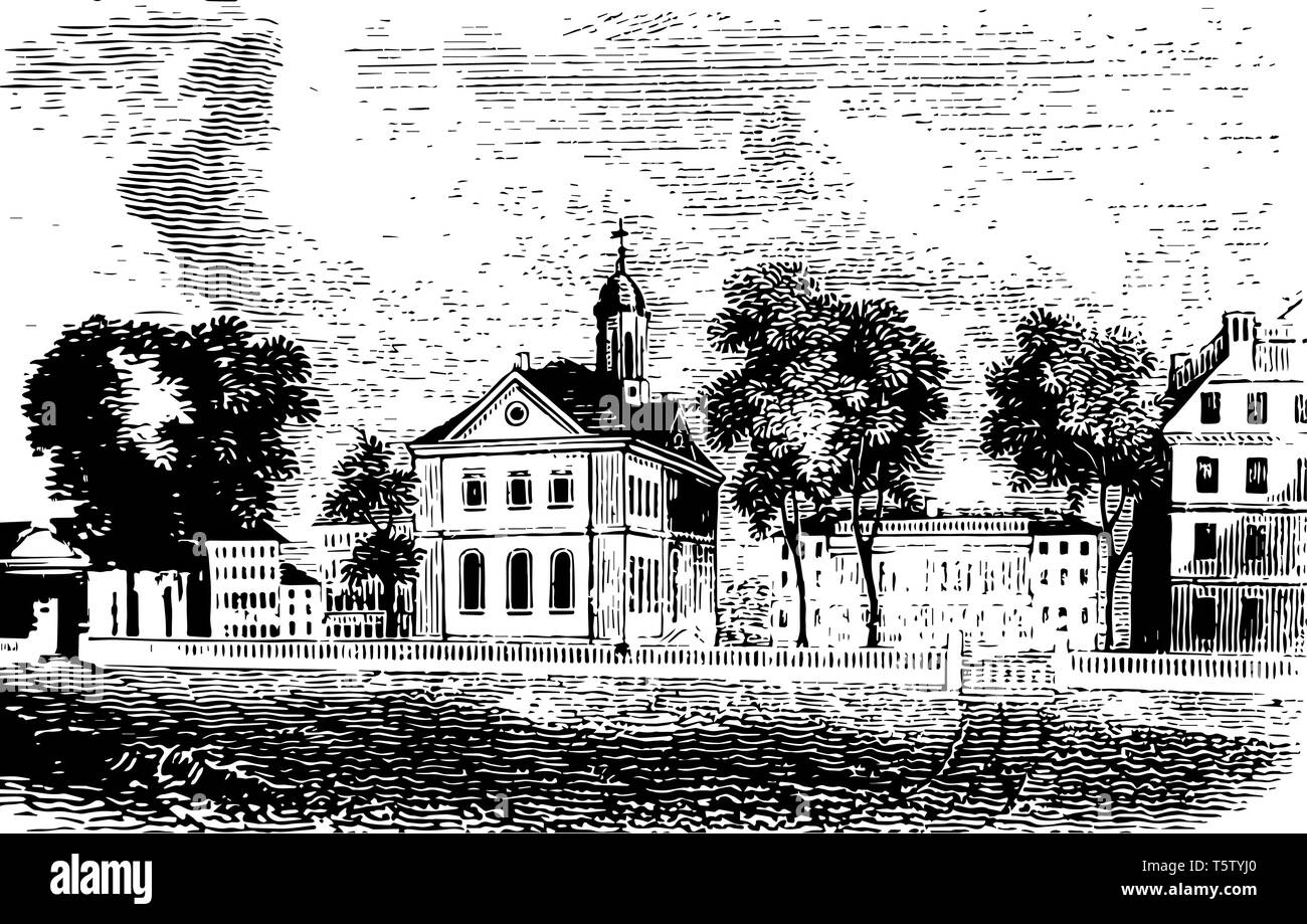 La Harvard University è la più antica istituzione di istruzione superiore in Cambridge, Massasschusets vintage disegno della linea. Illustrazione Vettoriale