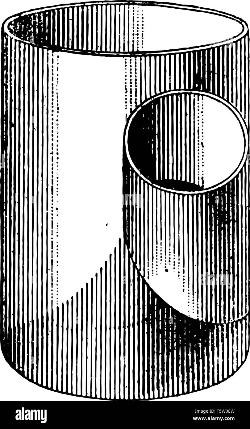 In questa immagine sono presenti due cilindri che si intersecano con l'asse ad angolo acuto rispetto ad ogni altro, vintage disegno della linea di incisione o illustrazione. Illustrazione Vettoriale