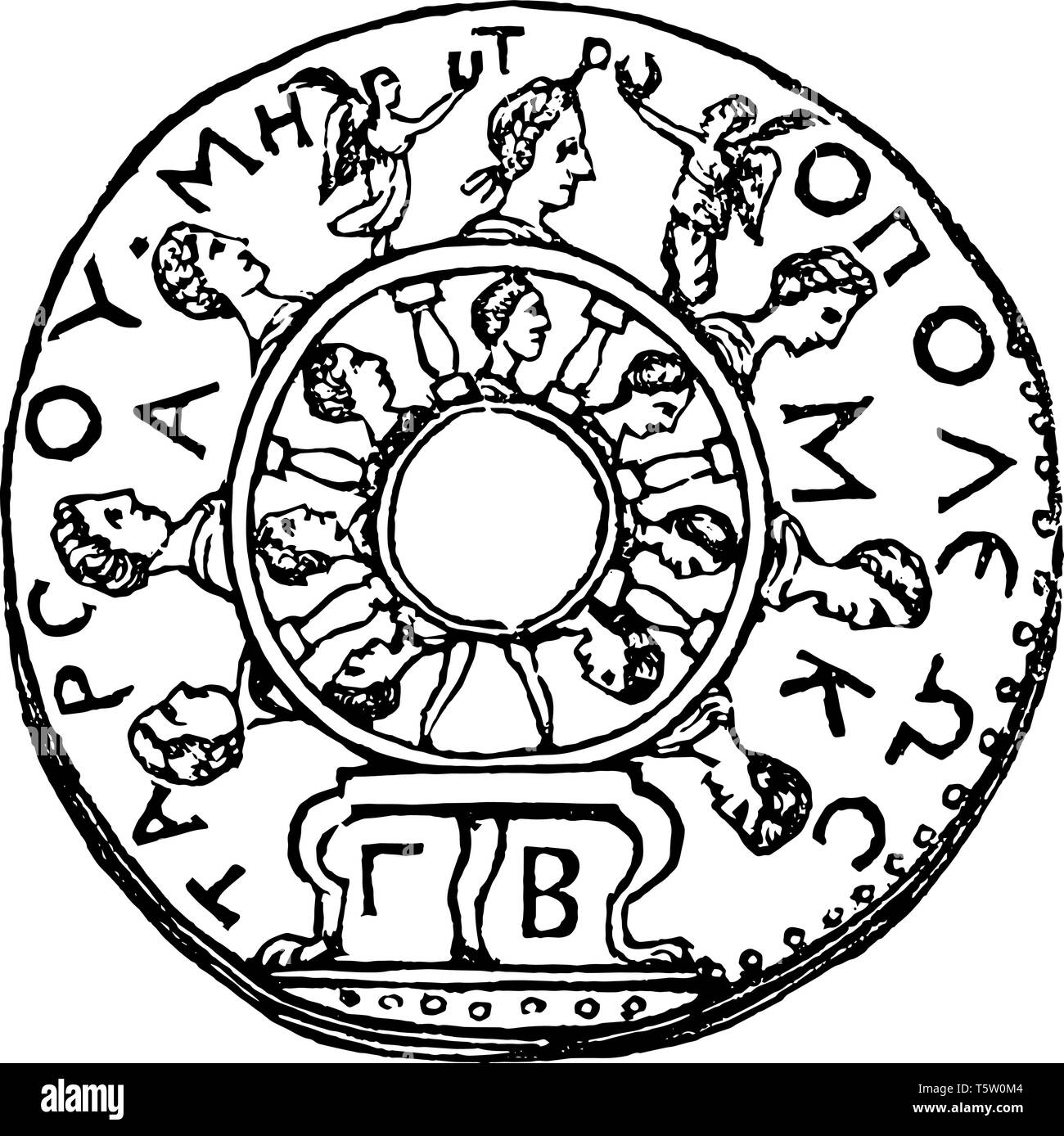 Questa immagine mostra la medaglia che è stata progettata utilizzando molteplici cerchi concentrici. I cerchi sono pieni di teste. I capi del cerchio interno sono div Illustrazione Vettoriale