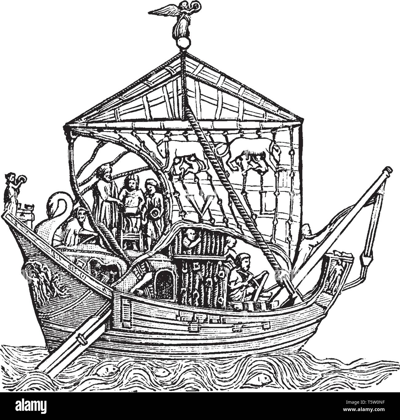 Recipiente di trading è una barca o una nave che trasporta un carico o porta i passeggeri a noleggio, vintage disegno della linea di incisione o illustrazione. Illustrazione Vettoriale
