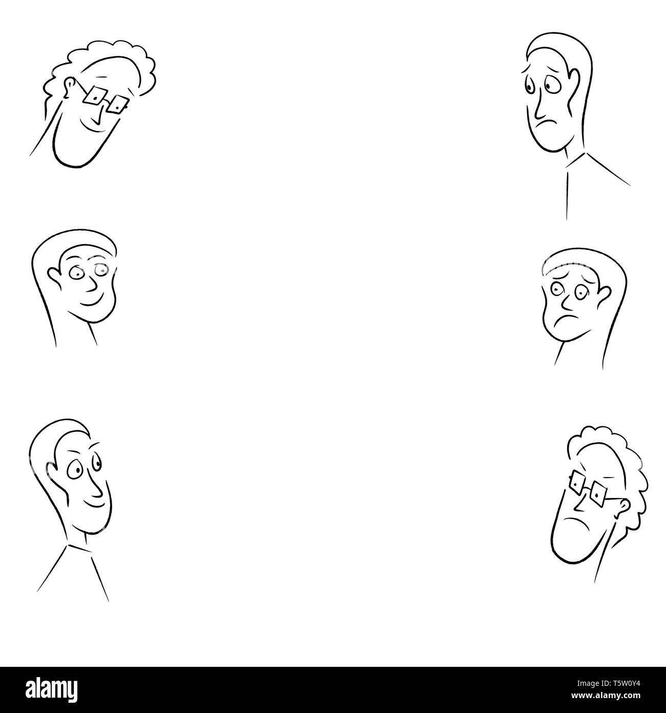 Fatto a mano disegnò tre viso maschile emozioni diverse sul lato destro e sul lato sinistro della pagina Foto Stock