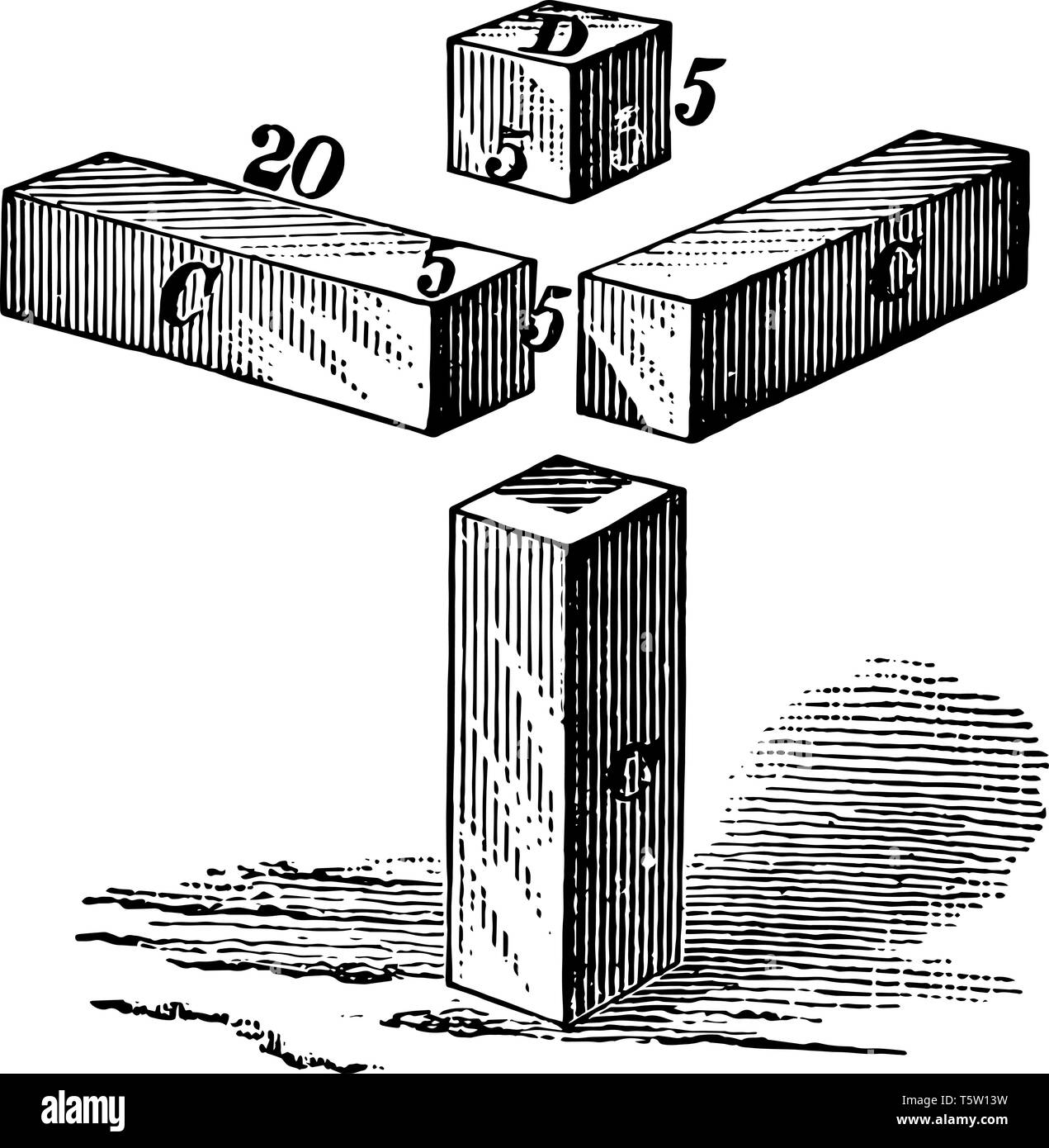 Per completare gli spazi per i tre aggiunte di 2000 pollici cubi, quattro nuove aggiunte dovrebbe essere aggiunto: tre barre di 20x5x5 equivalente a 500 cubic Illustrazione Vettoriale