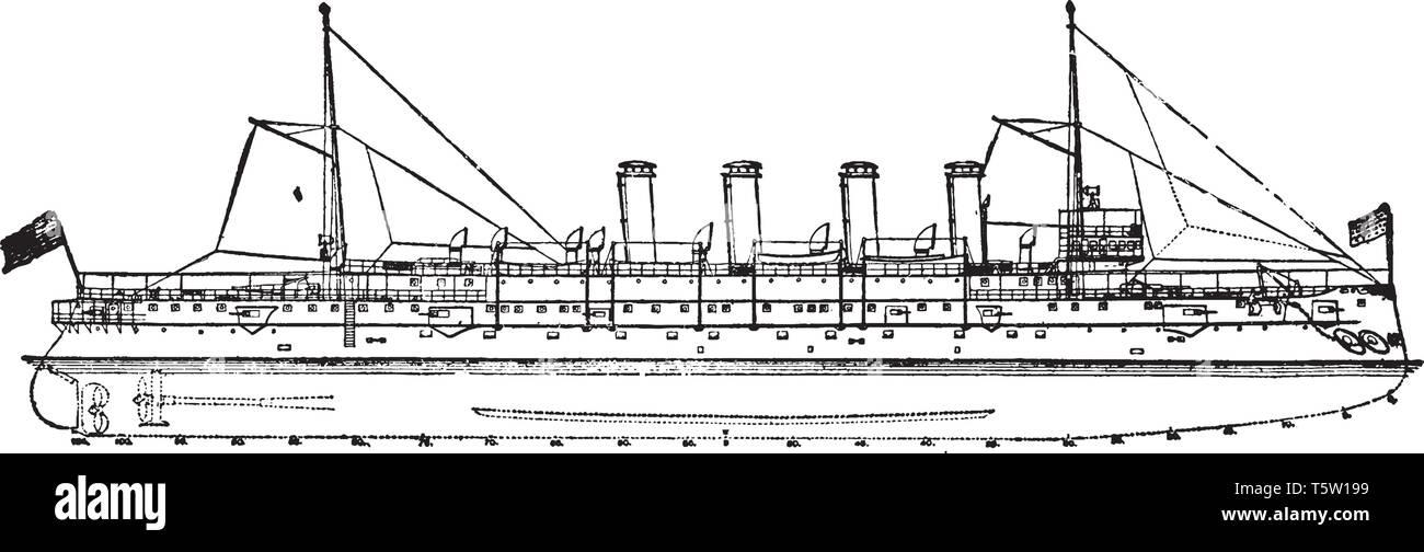 USS Columbia è l'ottava nave della marina degli Stati Uniti per portare quel nome, vintage disegno della linea di incisione o illustrazione. Illustrazione Vettoriale