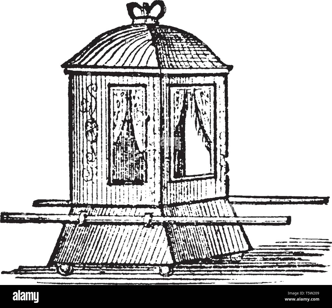 Berlina è una sedia portatile o coperto il veicolo per il trasporto di una singola persona, vintage disegno della linea di incisione o illustrazione. Illustrazione Vettoriale