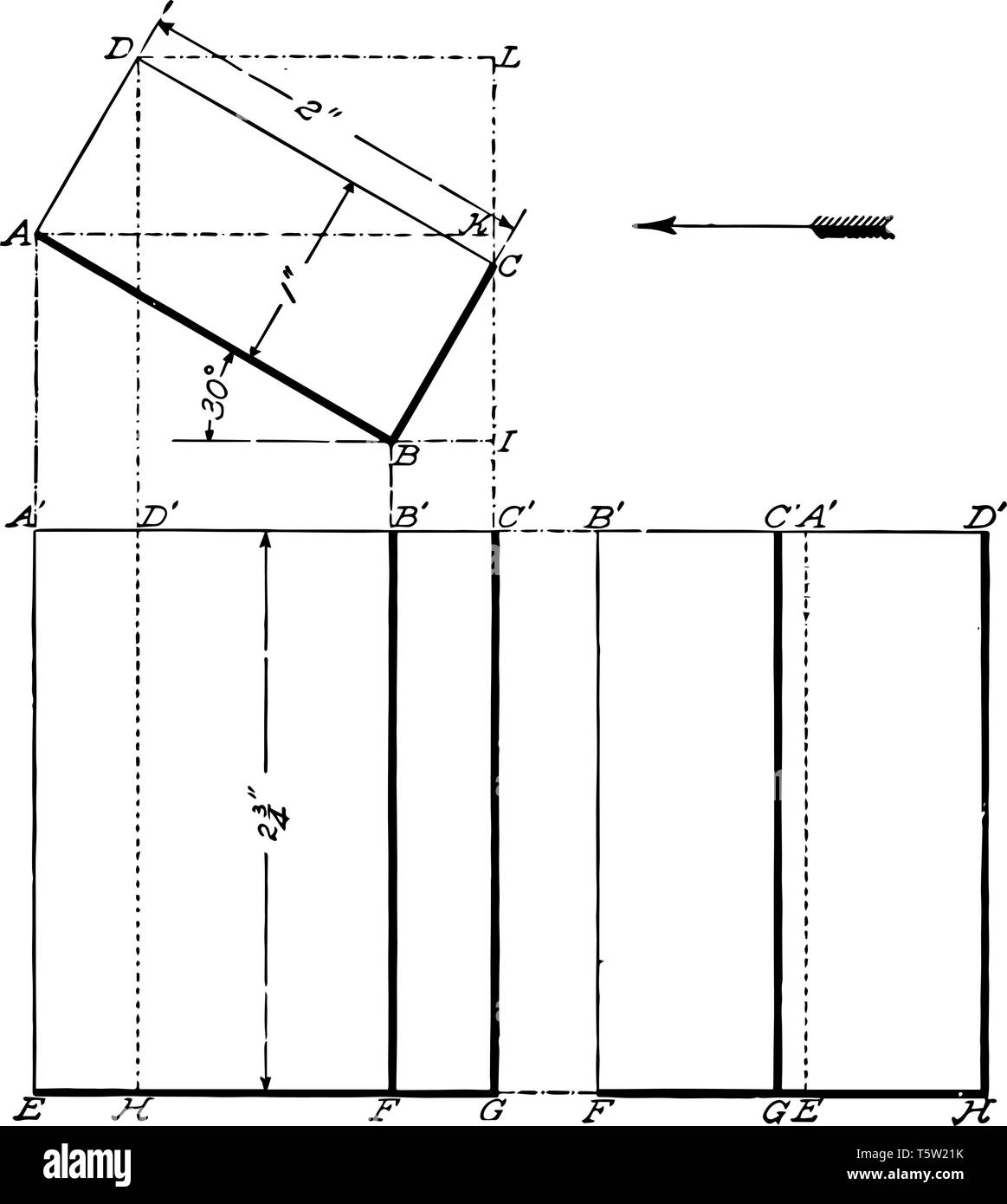 L'immagine mostra la proiezione di un prisma rettangolare il cui lato largo forma un angolo di 30 con l'orizzontale, vintage disegno della linea di incisione o malato Illustrazione Vettoriale