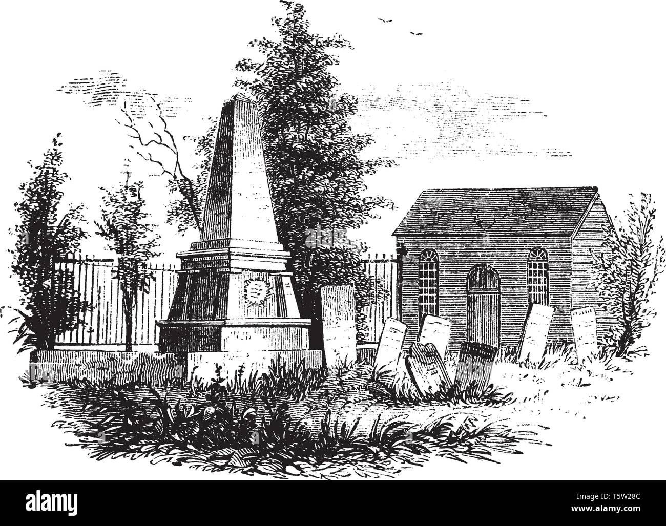 Il sito della chiesa e la tomba-cantiere è stato un dono di Andrew Johnson, di Perth Amboy, ,vintage disegno della linea di incisione o illustrazione. Illustrazione Vettoriale