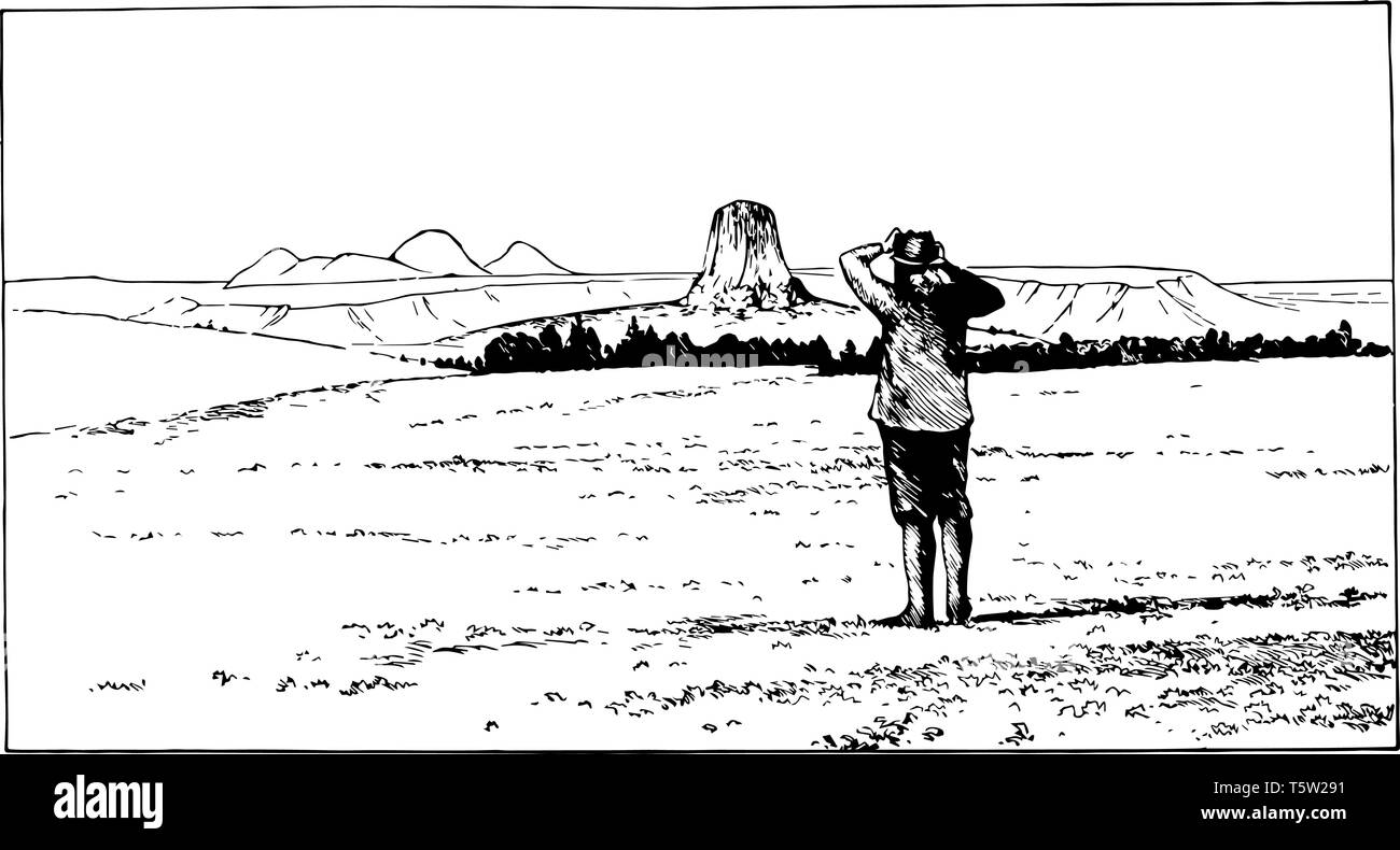 Devils Tower formata da rocce ignee in crook county al di sopra delle Belle Fourche River, Wyoming vintage disegno della linea. Illustrazione Vettoriale