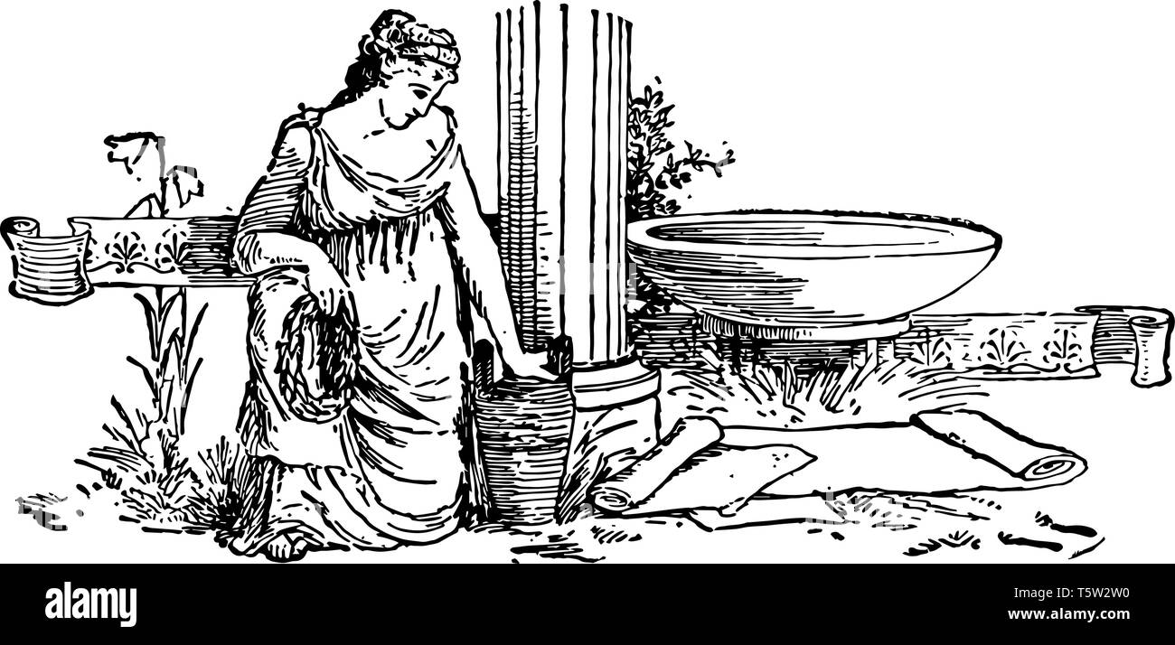 Una donna greca con vasi di colonne sul lato, vintage disegno della linea di incisione o illustrazione. Illustrazione Vettoriale