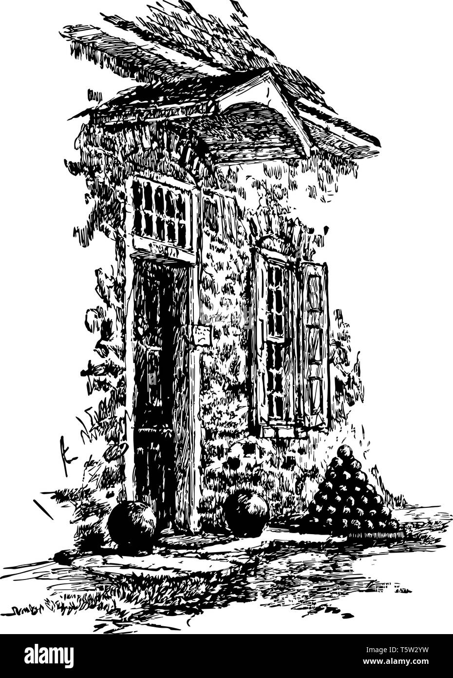 Ingresso a Washington presso la sede centrale, Newburgh anche chiamato Hasbrouck house, membri del sito storico di linea vintage disegno. Illustrazione Vettoriale